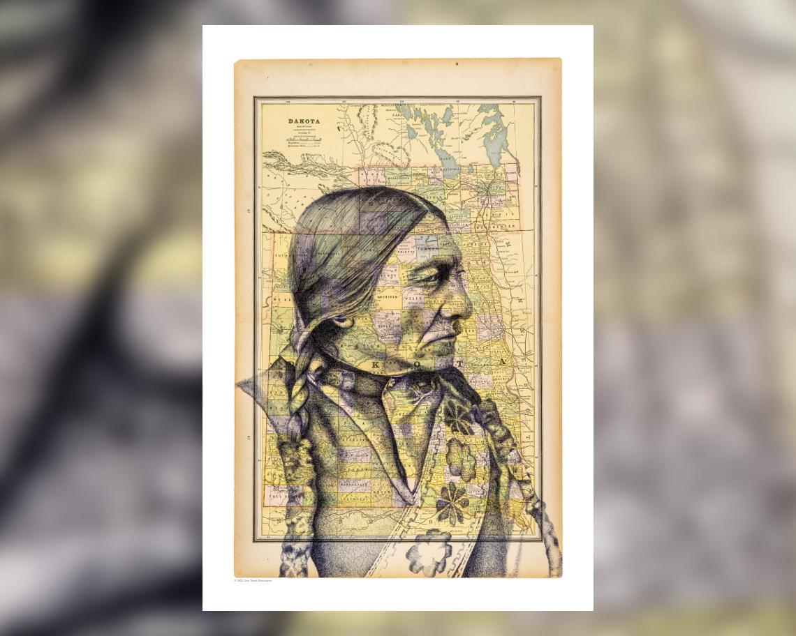 Print of hand-drawn portrait of Sitting Bull over antique map of Dakota Territory