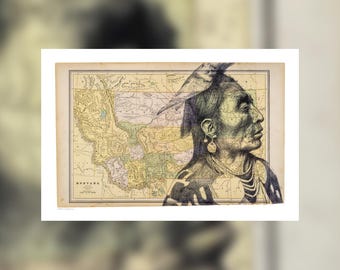 Print of hand-drawn portrait of Medicine Crow over antique map of Montana