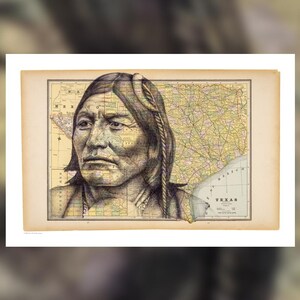 May include: A vintage print featuring a detailed portrait of a Native American man overlaid on a map of Texas. The artwork is in shades of brown and beige, with the map's grid lines visible. The print is mounted on a cream-colored paper.