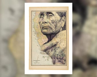 Print of hand-drawn portrait of Hupa woman over antique map of California