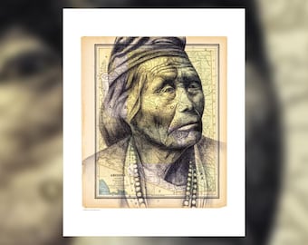 Print of hand-drawn portrait of Navajo Medicine Man over antique map of Arizona Territory