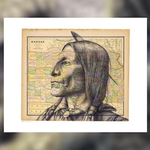 May include: A vintage print featuring a Native American profile overlaid on a map of Kansas. The artwork is rendered in shades of brown, beige, and green, with the word "KANSAS" visible at the top. The print has a distressed, aged appearance.