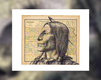 Print of hand-drawn portrait of Wolf Robe, Cheyenne over antique map of Kansas