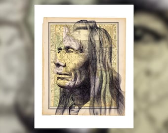 Print of hand-drawn portrait of Three Eagles, Nez Perce over antique map of Idaho