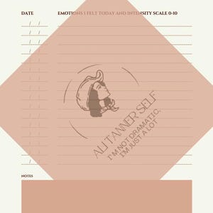 May include: A mood tracker homework sheet with a light beige background and a large, angled, peach-colored shape in the center. The sheet includes sections for dates, emotions, and notes, with the text "mood tracker homework" at the top.