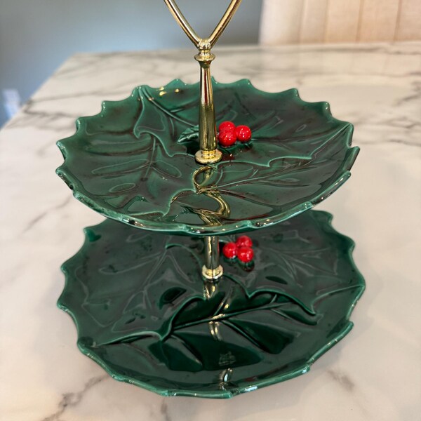 Vintage Lefton Green Holly Two Tiered Holiday Tidbits Serving Tray