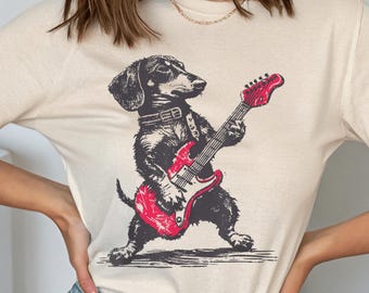 Vintage Dachshund Guitar Player PNG: Retro Dog Musician Art (Digital Download 4000x4500px 300 DPI)