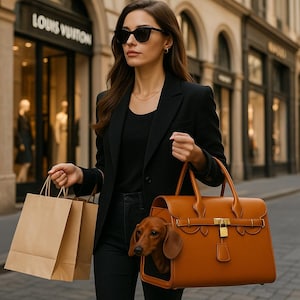 Woman walking with luxury dog carrier stylish dog handbag pet lover gift