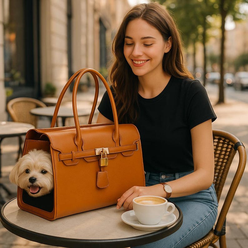 Coffee shop scene with luxury dog carrier PU leather pet bag stylish handbag