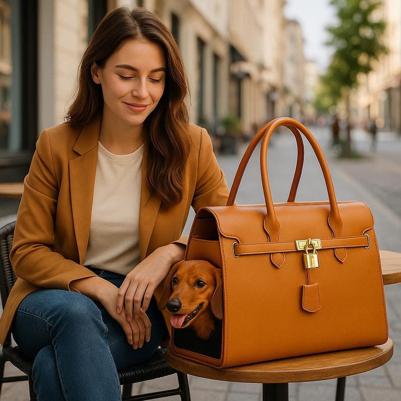 Fashionable woman holding stylish dog handbag puppy carrier purse leather