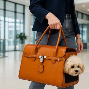 Woman shopping with small dog inside puppy carrier purse stylish dog handbag