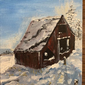 Original Art ,Acrylic Painting, Winter Landscape with Barn Painting, Landscape ,5 x 7 Winter  landscape