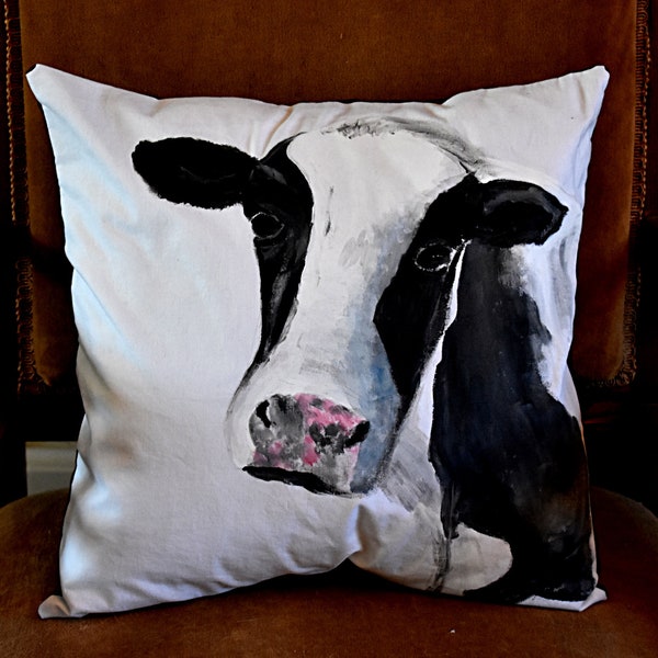 Original Hand Painted Pillow ,Cow, Cow on White,Cow Pillow, Farmhouse Decor, , Cottage Style, White Pillows, Hand-painted, Pillow Cover