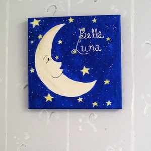 Nursery Wall Art Original Painting with Embroidery Man in the Moon in the Starry Sky Bella Luna 10x10