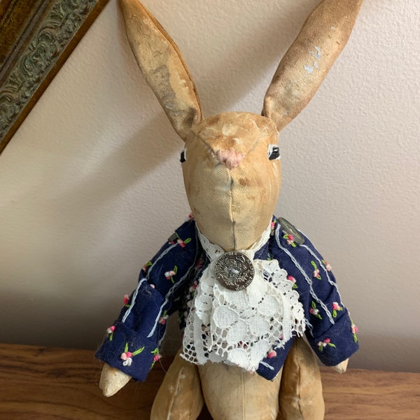Original One of A Kind Art Doll ,Hand Painted, Hand Embroidered, Vintage Button Joints, Stuffed Rabbit in embordered coat