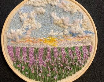 Original One of A Kind Hand Embroidered Thread Painting Hoop Embroidery Landscape Sunrise over lavender field