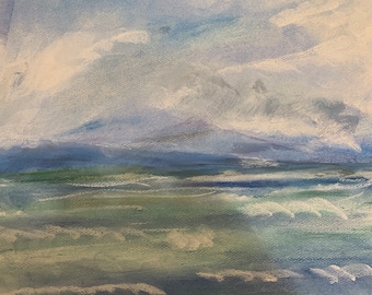 Original Pastel Painting: Ocean Landscape with Clouds (9x12)