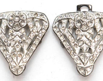 Vintage Art Deco Dress Clips – 1930s Rhinestone Floral Fan Motif Pair