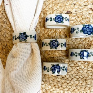 Vintage Polish Pottery Floral Napkin Rings Set of 6 Hand Painted Blue Flowers