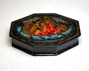 Vintage Russian Palekh Hand Painted Black Lacquer Box With Red