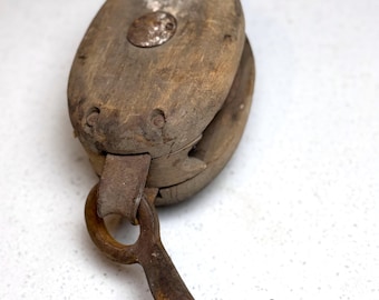 Antique Wooden Block & Tackle Pulley – Rustic Farmhouse Pulley with Iron Hook