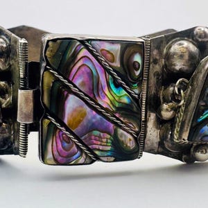 Vintage Mexican Sterling Silver Abalone Bracelet Signed GAR 925 Taxco Style