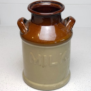 Vintage Brown & Tan Stoneware Milk Jug Crock | Rustic Farmhouse Decor