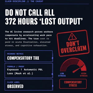 May include: A dark blue infographic titled Credibility Claim Discipline The Caveat. It features text about 372 hours of lost output, UC Irvine research, and compensatory tax. Includes a red warning sign saying Don't Overclaim and a stress gauge.
