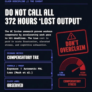 May include: A dark blue infographic titled Credibility Claim Discipline featuring the text DO NOT CALL ALL 372 HOURS LOST OUTPUT. It includes a red warning box stating DON'T OVERCLAIM, a stress gauge, and a label for COMPENSATORY STRESS.