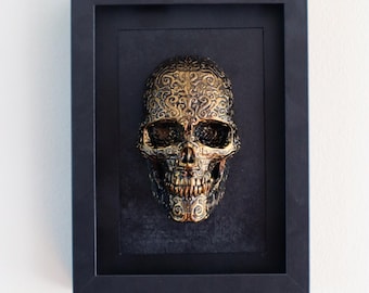 Framed Tribal Skull Sculpture – Gold Baroque Filigree, Gothic Damask Wall Art