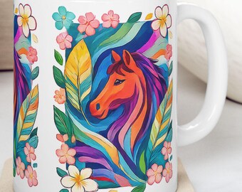 Colorful Rainbow Horse Floral Ceramic Coffee Cup