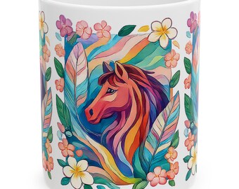 Colorful Floral Year of the Horse Ceramic Coffee Mug