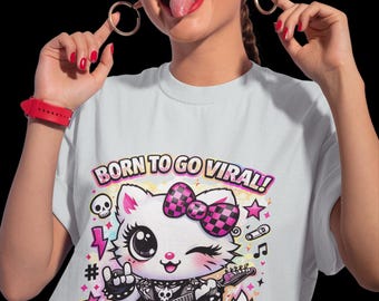Camiseta Kawaii con diseño de gato y guitarra, camiseta gráfica juvenil