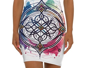 May include: A white mini skirt with a colourful watercolour design and a central geometric pattern. The design includes shades of blue, pink, yellow, and purple, creating a vibrant look. The skirt is form-fitting and appears to be made of a stretchy material.