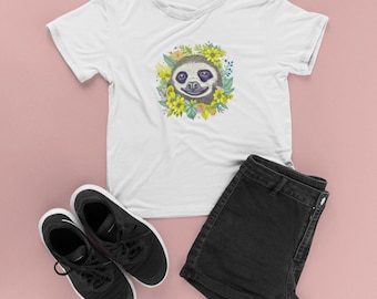 Kids Floral Sloth Graphic Tee: Boho Summer Cotton Shirt