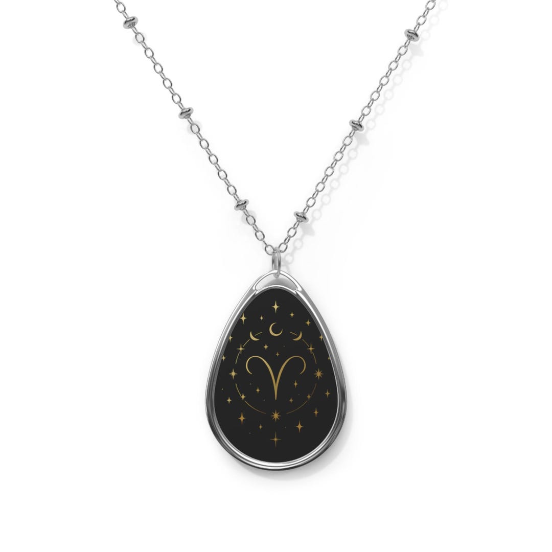Aries Zodiac Oval Necklace | Celestial Moon Stars Pendant - Etsy