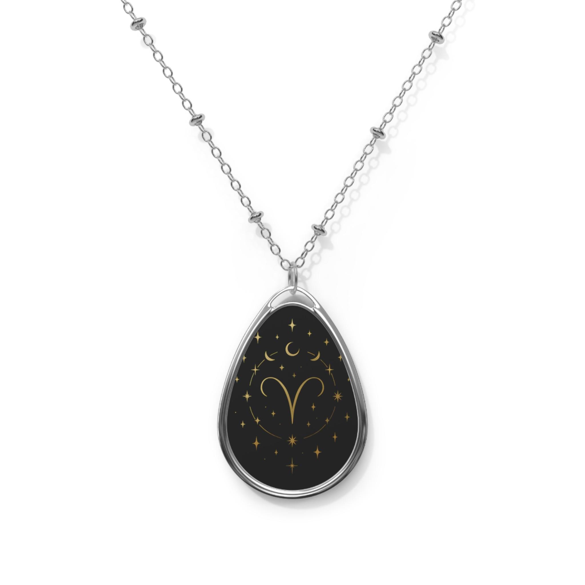 Aries Zodiac Oval Necklace | Celestial Moon Stars Pendant - Etsy