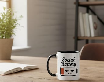 Social Battery Mug – Funny Introvert Gift, Low Energy Coffee Cup, Mental Health Humor, Self Care Mug for Anxious Coffee Lovers