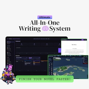 Può includere: Interfaccia di un sistema di scrittura digitale con il testo "Ultimate All-In-One Writing System". L'interfaccia mostra una dashboard, un editor di storie e un costruttore di mappe 3D. È presente anche il testo "FINISH YOUR NOVEL FASTER!".