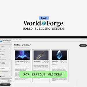 May include: A laptop screen displaying the "World Forge" world-building system interface. The interface showcases artifacts and items, with the text "FOR SERIOUS WRITERS!" at the bottom. The top of the screen displays the text "Basic".