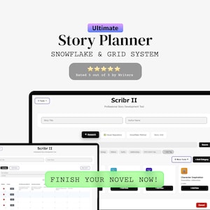 Può includere: Annuncio del software "Ultimate Story Planner". L'immagine mostra l'interfaccia del software su più schermi, con il testo "FINISH YOUR NOVEL NOW!" e una valutazione a 5 stelle. Il software è progettato per lo sviluppo di storie.