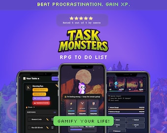 May include: Three smartphones display the Task Monsters RPG to-do list app interface. The screen shows pixel art graphics, task lists, and battle mechanics with text including BEAT PROCRASTINATION. GAIN XP. and GAMIFY YOUR LIFE!