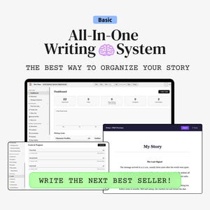 May include: A digital writing system interface displayed on three screens. The text reads Basic All-In-One Writing System, THE BEST WAY TO ORGANIZE YOUR STORY, and WRITE THE NEXT BEST SELLER! The dashboard shows word counts, writing goals, and story progress.