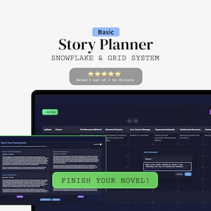 May include: A digital story planner with a dark blue interface, featuring the text "Story Planner" and "Snowflake & Grid System." The screen displays a grid layout for organizing plot elements. The text "Finish Your Novel!" is also visible.
