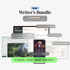 Peut inclure: Une suite logicielle numérique intitulée Basic Writer's Bundle comprenant un système de tracé en 7 points, World Forge World Builder, Scene Builder, Dialogue Enhancer et une application RPG To Do List. L'interface affiche une carte et un éditeur.