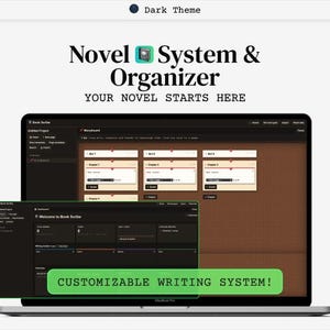 May include: A laptop screen displays the Novel System & Organizer software with a dark theme. The interface shows a storyboard with act and chapter cards, a dashboard with writing statistics, and the text CUSTOMIZABLE WRITING SYSTEM!