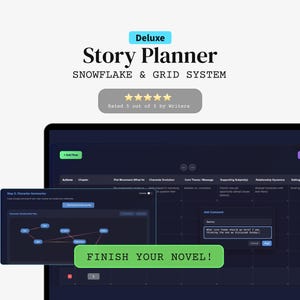 Può includere: Un'interfaccia digitale di Story Planner con un tema scuro, con un sistema Snowflake & Grid. Lo schermo mostra varie sezioni per azioni, trama e sviluppo del personaggio. Il testo "FINISH YOUR NOVEL!" è evidenziato in verde.