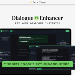 Peut inclure: Interface sombre du logiciel "Dialogue Enhancer". Le logo est une bulle de dialogue verte avec une moustache. Le texte indique "Fixez votre dialogue instantanément" et "Transformez un dialogue faible en scènes captivantes."