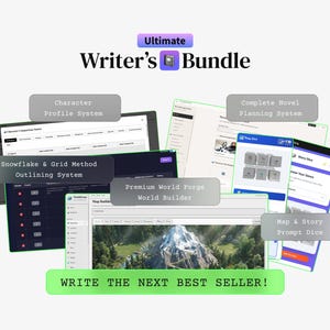 May include: The image showcases the "Ultimate Writer's Bundle" with various writing tools. It includes a character profile system, outlining system, world builder, novel planning system, and map & story prompt dice. The text "WRITE THE NEXT BEST SELLER!" is also visible.