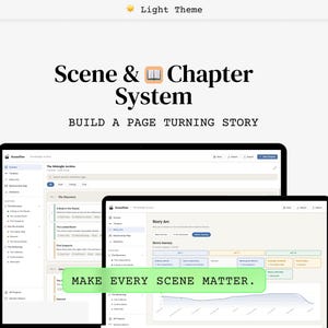 Pode incluir: Gráfico de tema claro com o texto "Scene & Chapter System" e "Build a Page Turning Story". Dois tablets digitais exibem uma interface de software. O texto "Make Every Scene Matter" também é visível.